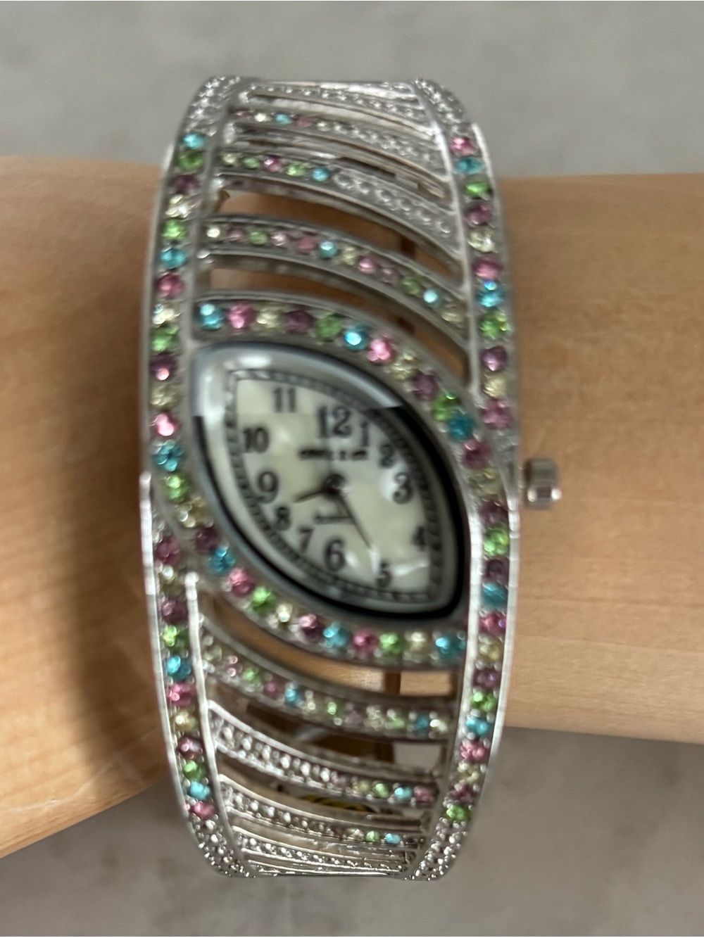 ⌚️3/$30⌚️Geneva  Women's Silver- Tone  Multicolor Crystal Quartz  Bangle Watch